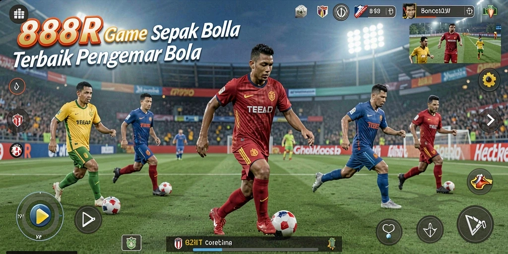Screenshot gameplay 888R menampilkan aksi seru di lapangan sepak bola.
