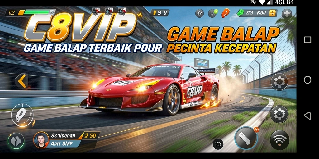 Screenshot gameplay C8VIP dengan mobil balap melaju kencang di lintasan.