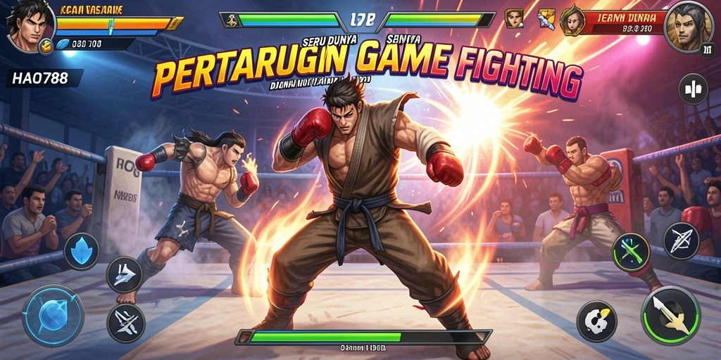 Screenshot utama HAO788 menampilkan karakter bertarung dalam arena penuh aksi.