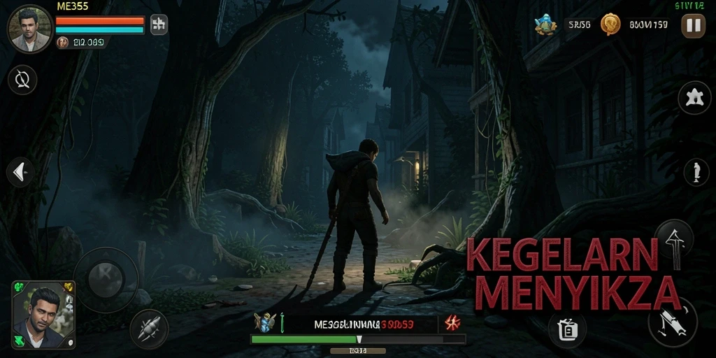 Screenshot menampilkan karakter dalam kegelapan di awal permainan Horror.