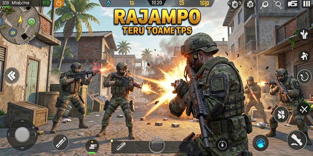 Gameplay menegangkan dalam RAJAMPO dengan karakter dan senjata yang beragam.