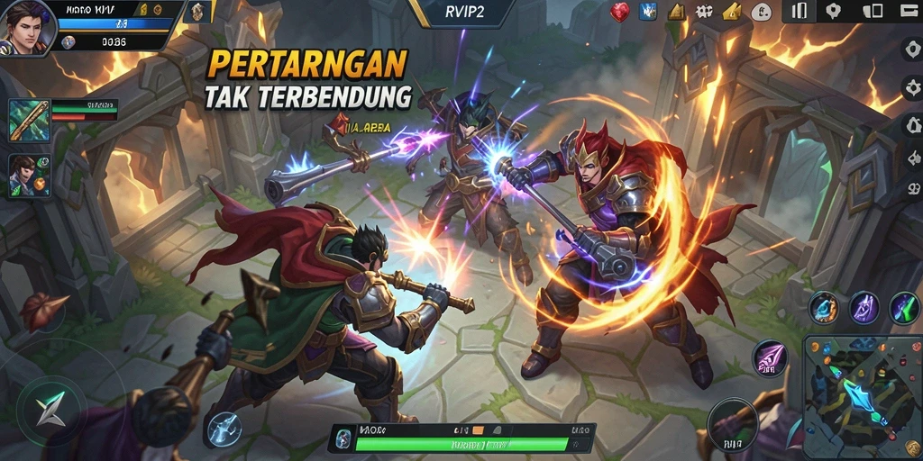 Tangkapan layar gameplay RVIP2 yang menampilkan aksi pertempuran MOBA yang intens.