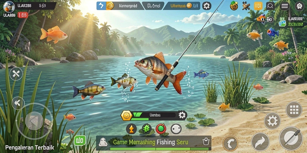 Screenshot gameplay ULAR288 menampilkan pemain dalam aksi menangkap ikan.