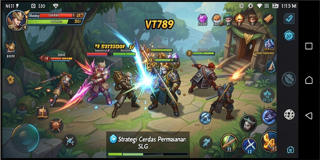 Screenshot utama menunjukkan aksi strategi epik dalam gameplay SLG.