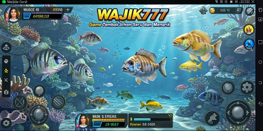 Tampilan gameplay seru WAJIK777 saat menembak ikan di bawah laut.